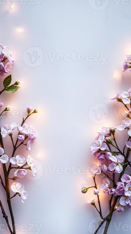symmetrical arrangement pink blossoms with string lights photo