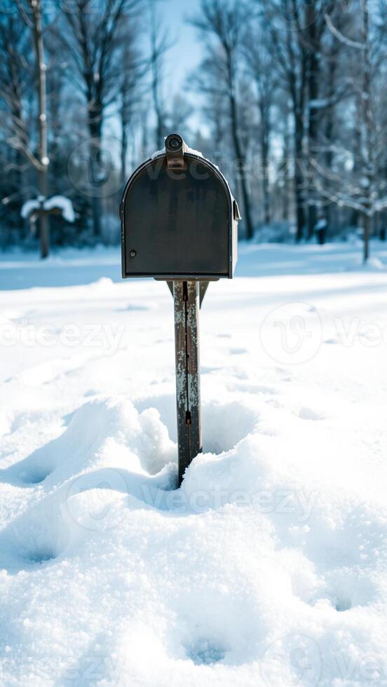 black mailbox stands tall a snowy landscape photo