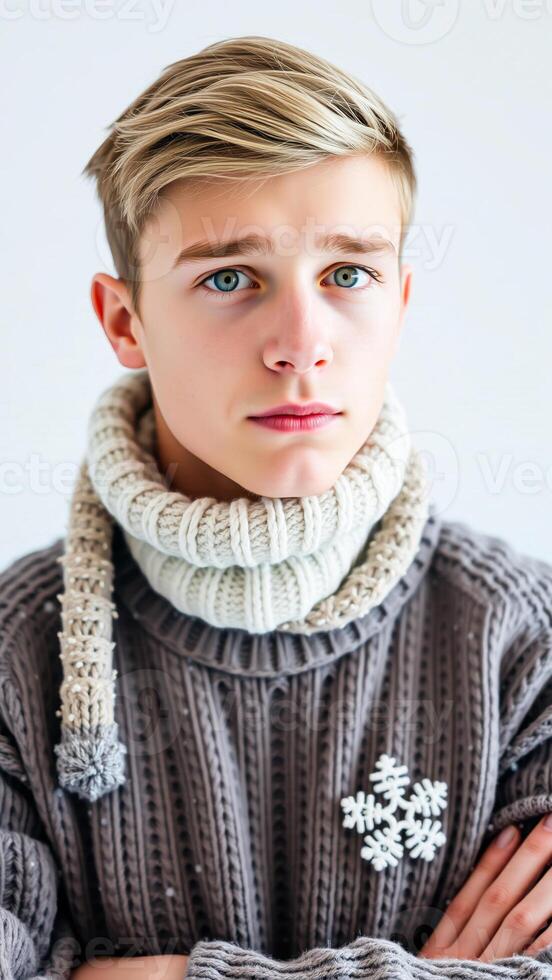 young man wearing a knitted sweater with a snowflake design photo