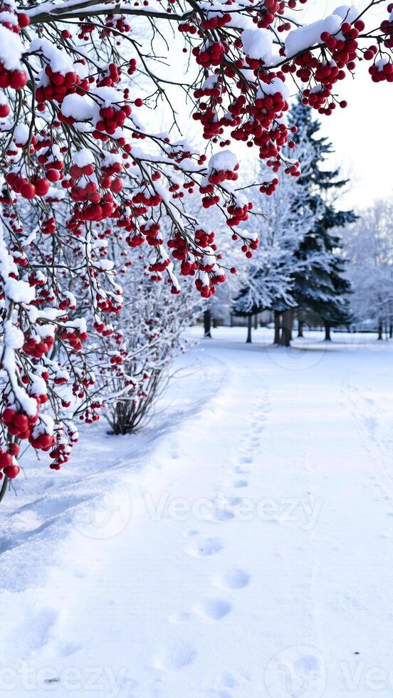 red berries on a snow-covered branch photo
