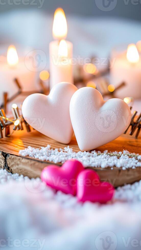 two white hearts on a wooden surface with warm candlelight photo