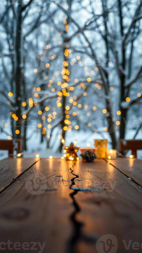 warm lights illuminate a rustic table a snowy forest photo