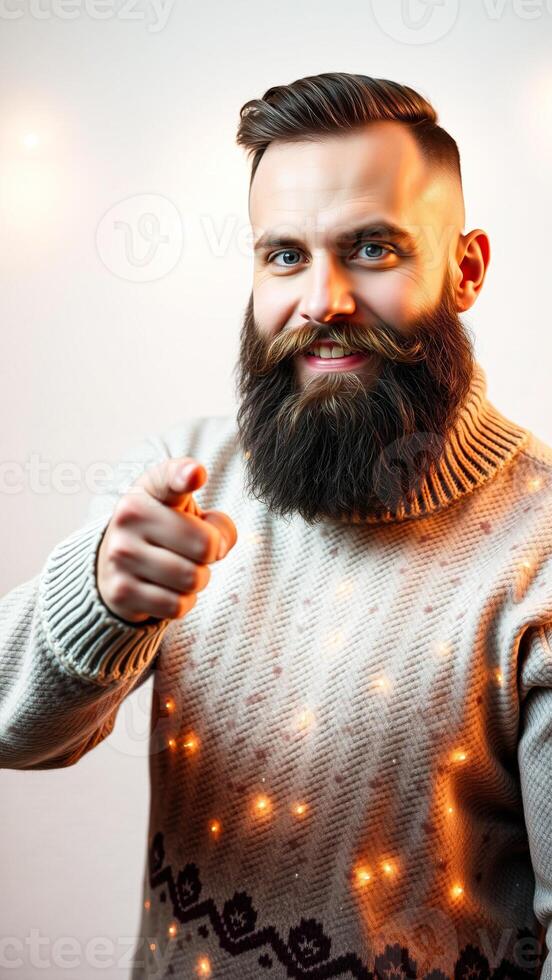 bearded man smiles points at the viewer wearing a light sweater with string lights. photo