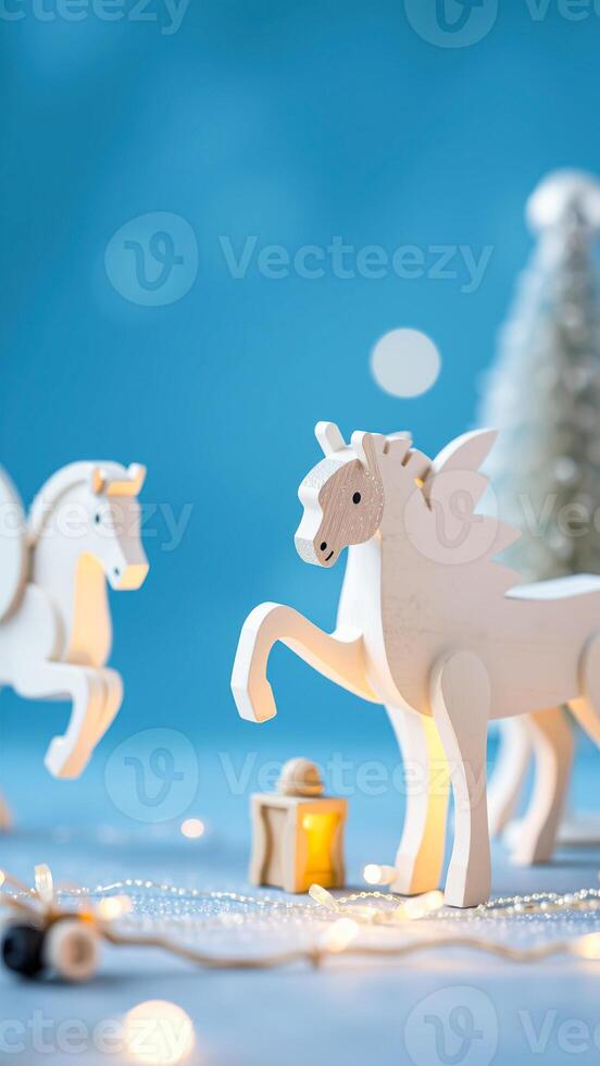 two wooden horses with a miniature lantern string lights photo