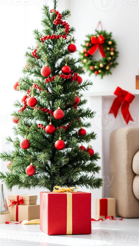 decorated christmas tree with a gift box photo