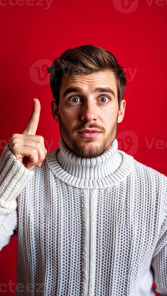 man a white sweater points upward with a surprised expression photo