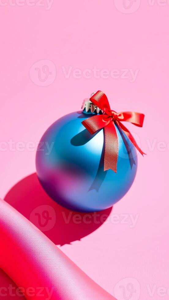 blue glass ornament with red bow on pink background photo