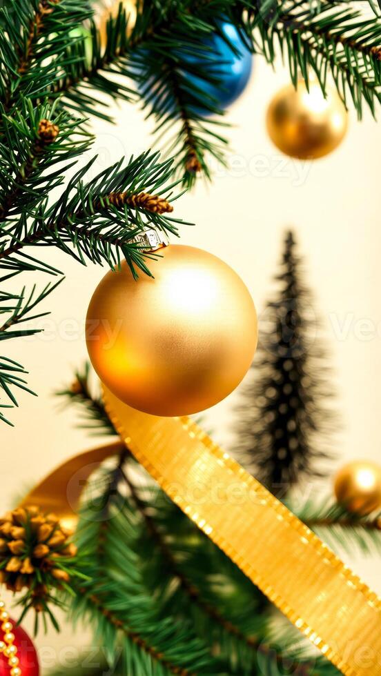 single golden ornament adorns a pine branch photo