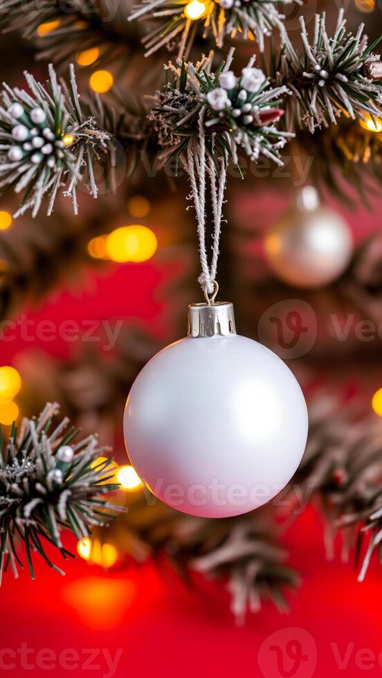 blanco Navidad ornamento colgando en un decorado hojas perennes árbol foto