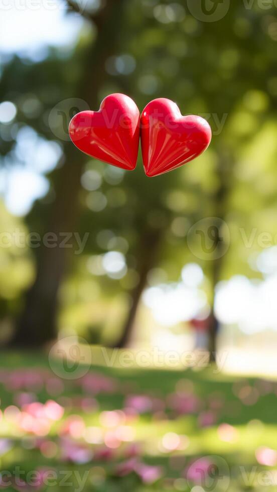 two red hearts floating a springtime field photo