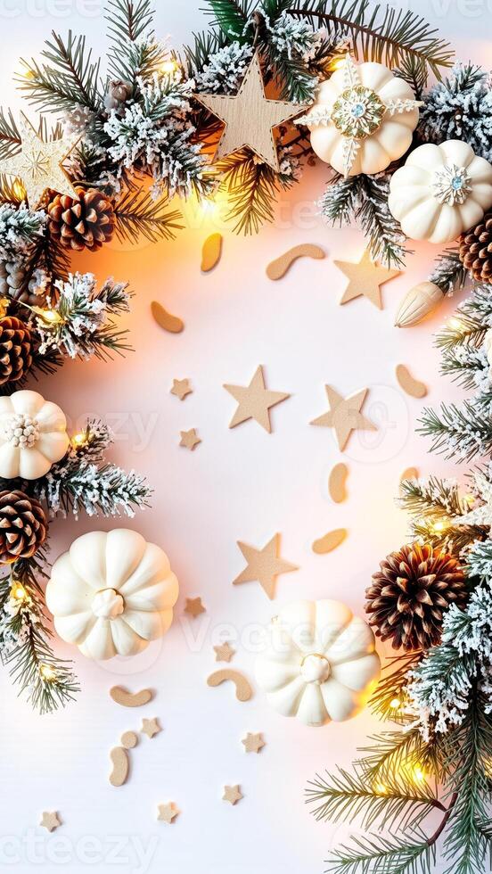white pumpkins pine branches create a festive winter scene photo
