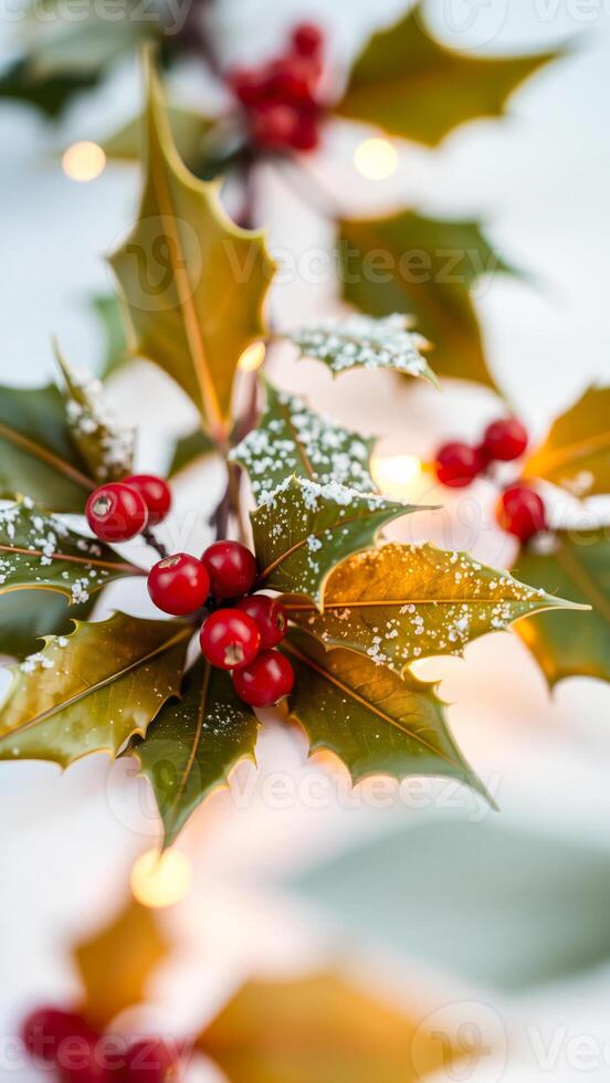 holly branch with red berries snow photo