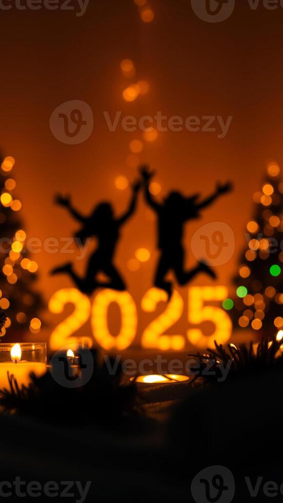 silhouettes two people jumping celebration 2025 photo