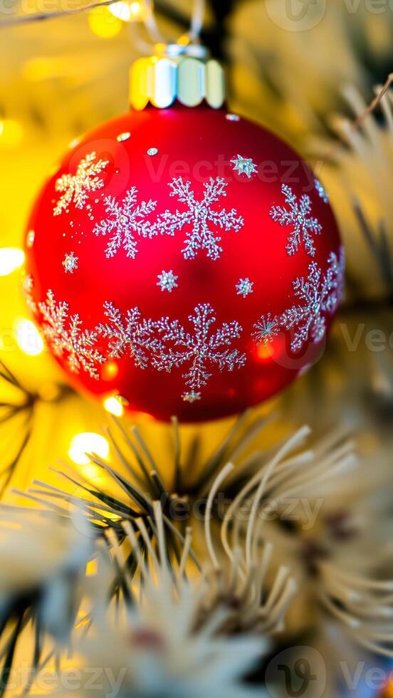 red glass bauble with snowflake details hanging from a decorative tree photo