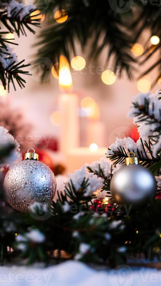 frosted evergreen branch with silver baubles photo