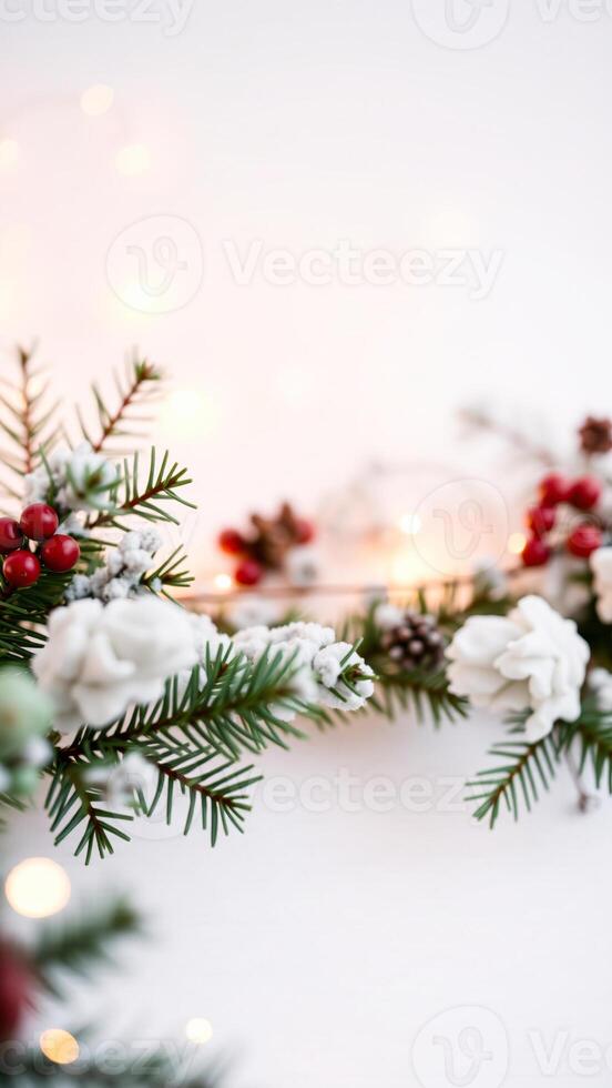 frosted pine branch with red berries white cotton balls photo