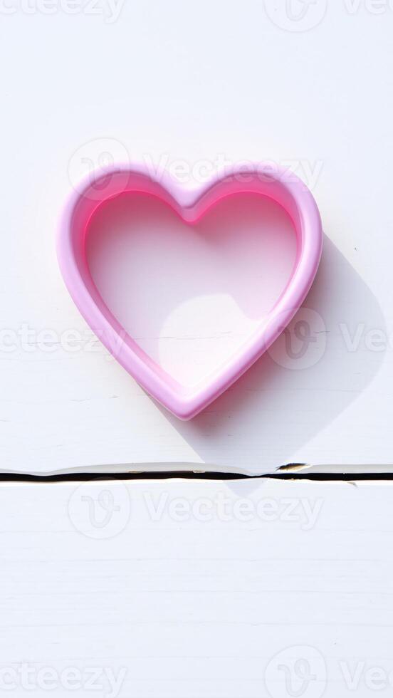 pink heart-shaped cookie cutter on white wood photo