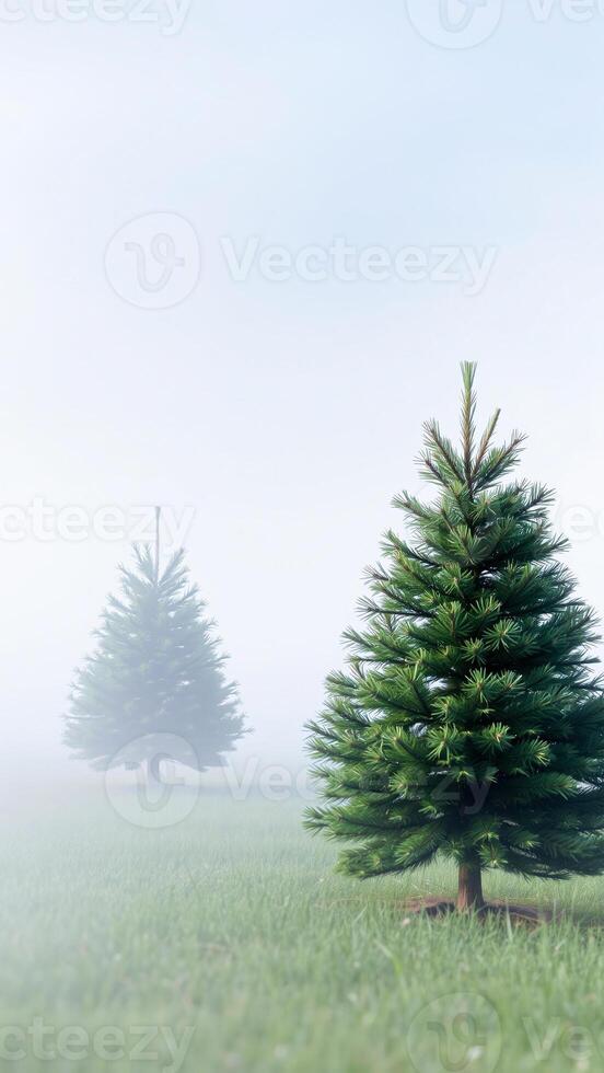 evergreen trees a misty field photo