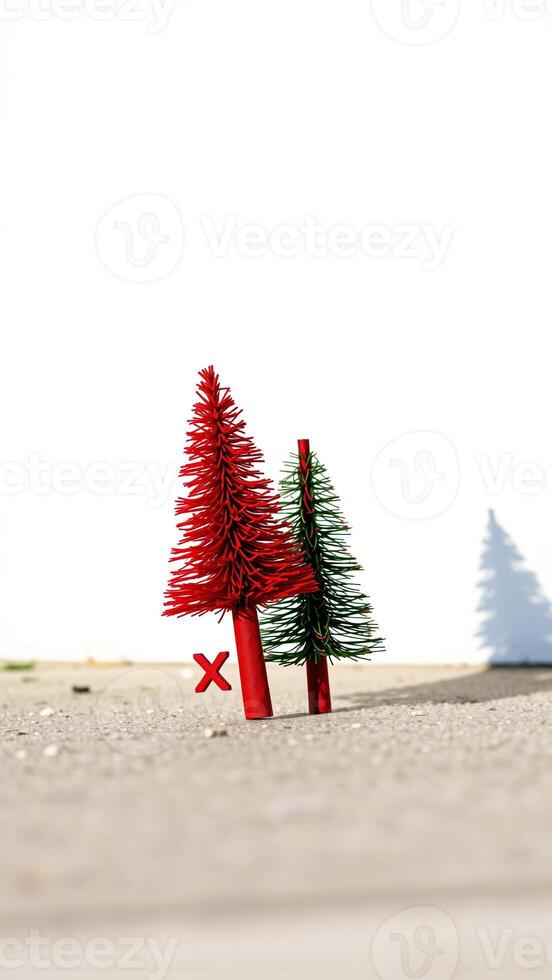 two small artificial trees one red one green stand on a textured surface photo