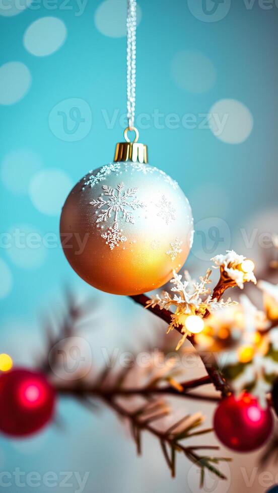 silver bauble with snowflake design hangs on a festive branch photo