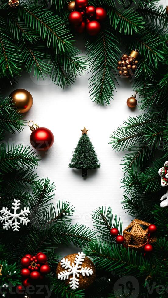 small green christmas tree decorated with gold red ornaments photo