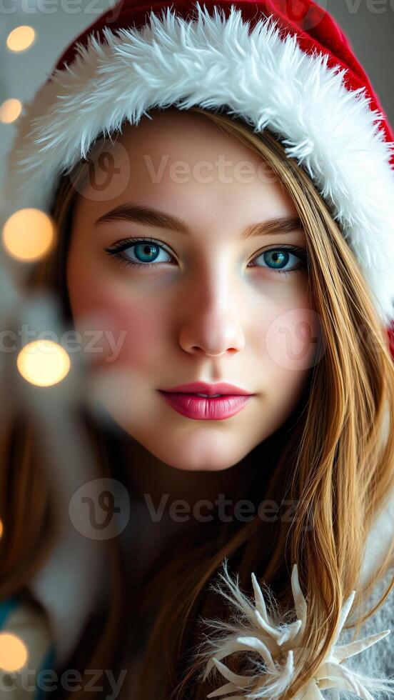 young woman a festive hat gazes directly at the camera photo