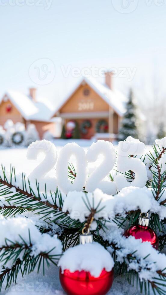 snowy pine branch with 2025 number decoration photo