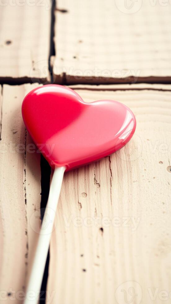 red heart-shaped lollipop on a wooden surface photo