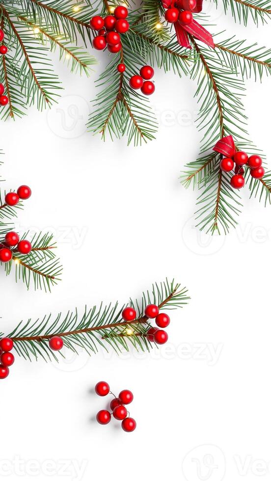 green pine branches with red berries golden lights photo