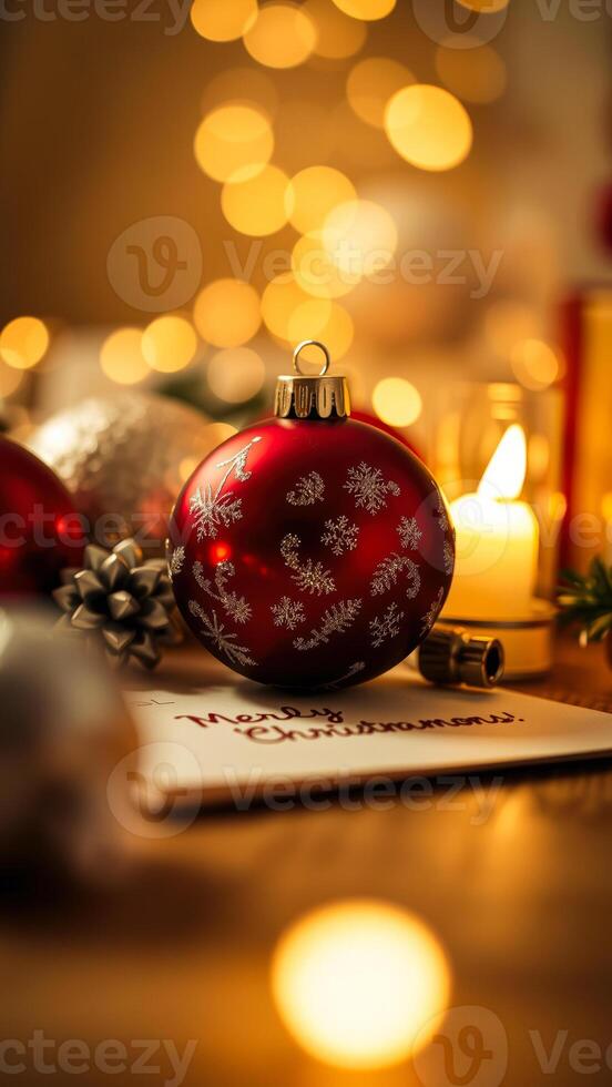 red christmas ornament with a festive background photo
