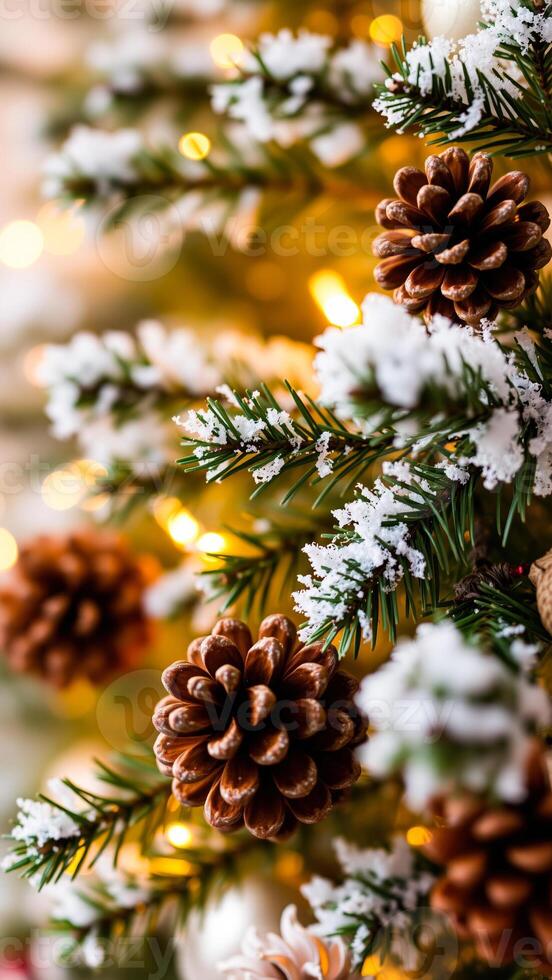brown pine cone resting on a snowy pine branch adorned with golden lights photo