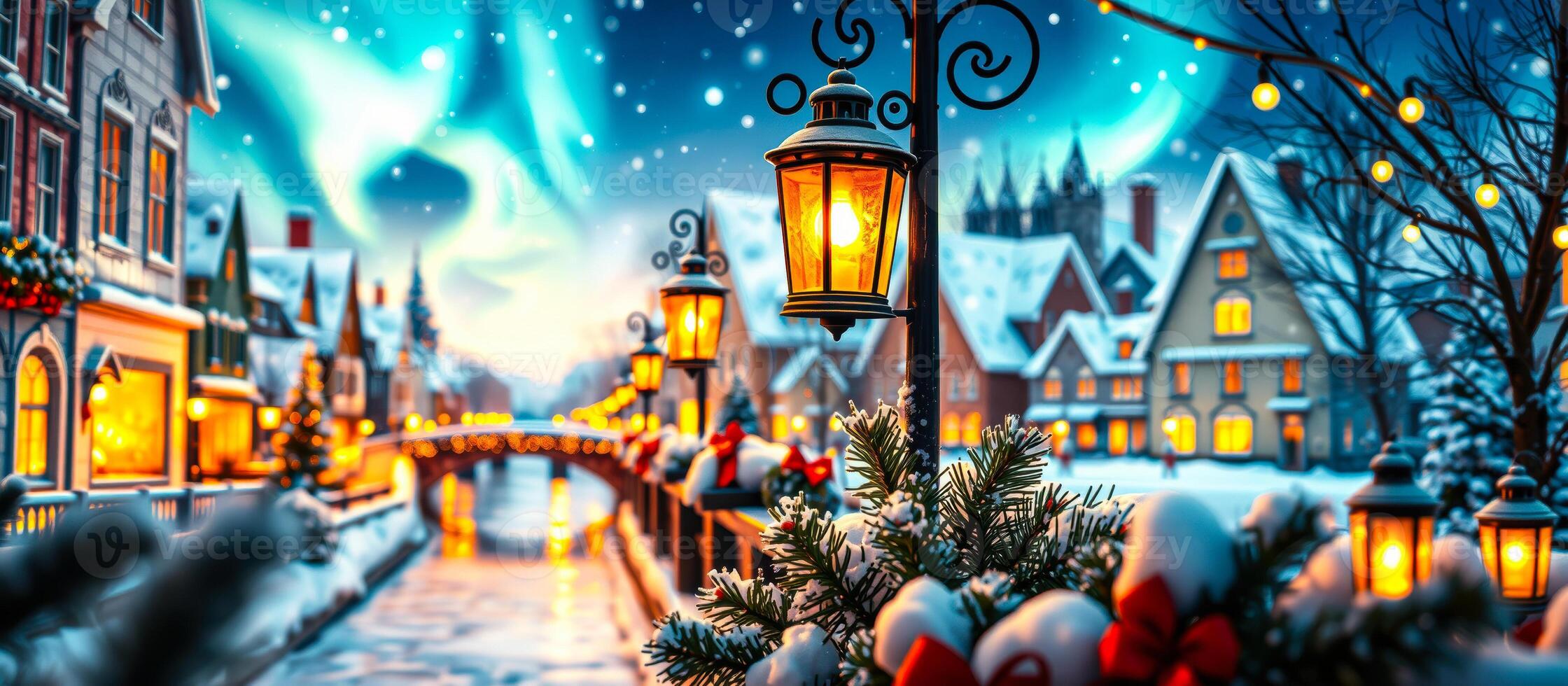 snowy winter village with glowing streetlights photo