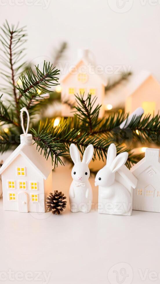 white bunny figurines with a lit house ornament pine branch photo