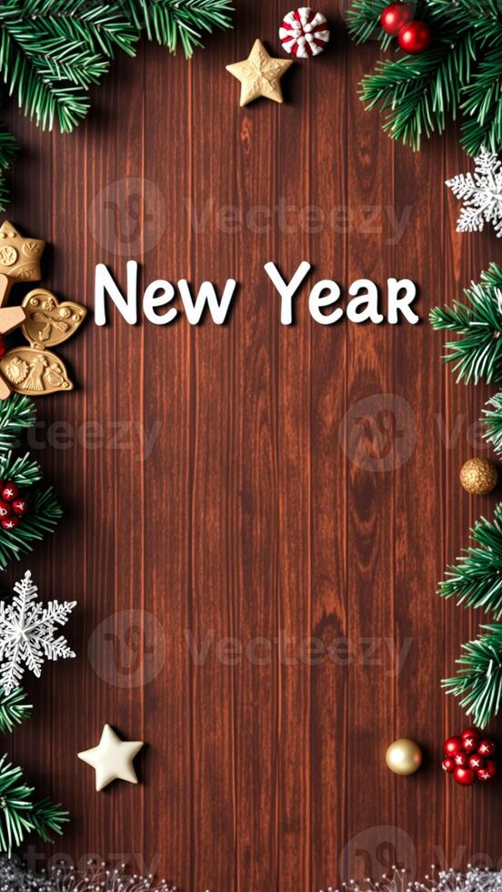 festive new year greeting with evergreen branches decorations photo