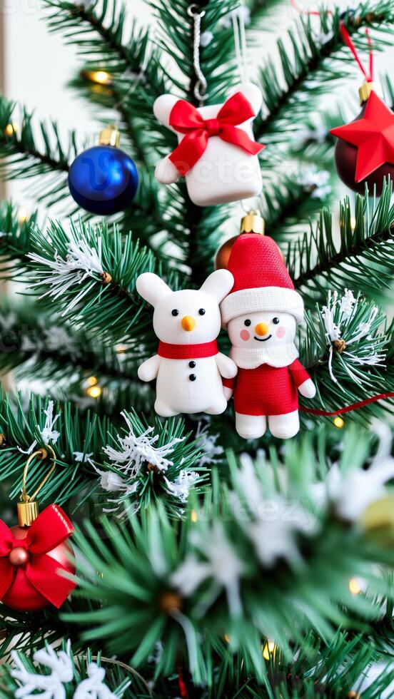 christmas tree decorated with ornaments snowman decorations photo