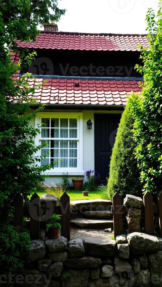 small white house with red tile roof nestled among lush greenery photo