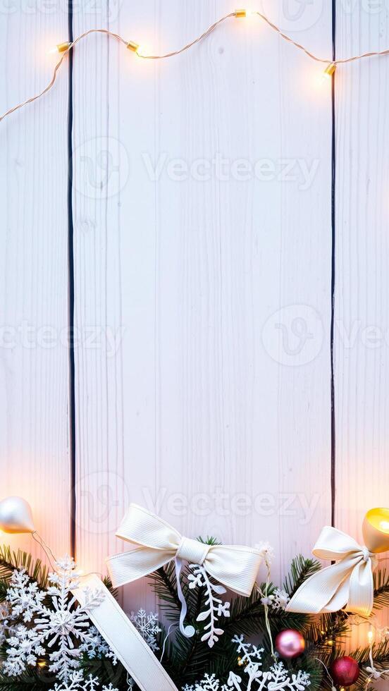 festive winter background with twinkling lights greenery photo