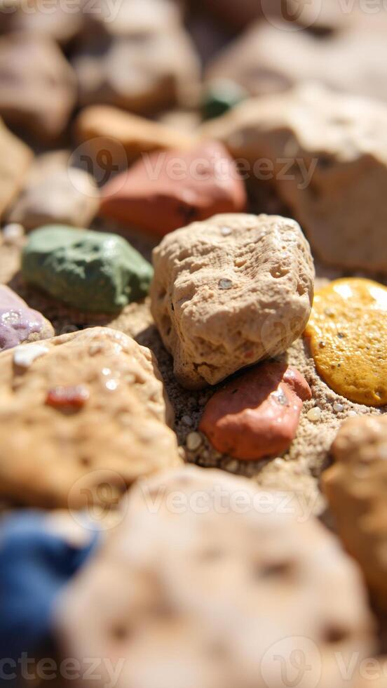 close- view colorful painted rocks on sand photo