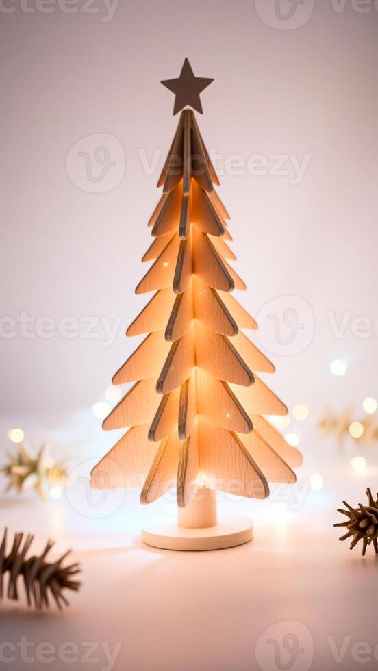 small wooden christmas tree with twinkling lights photo