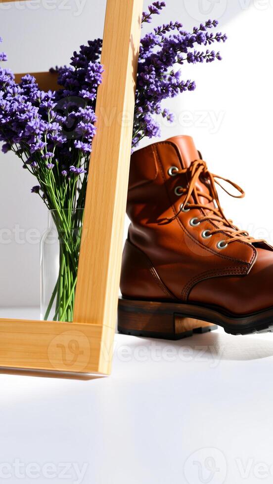 brown leather boot with purple flowers photo