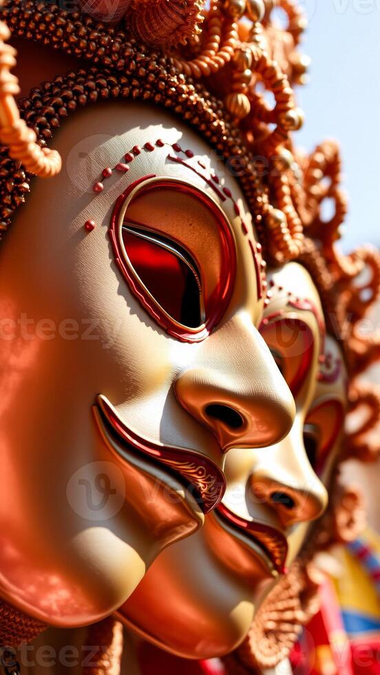 two intricate gold masks with red accents photo