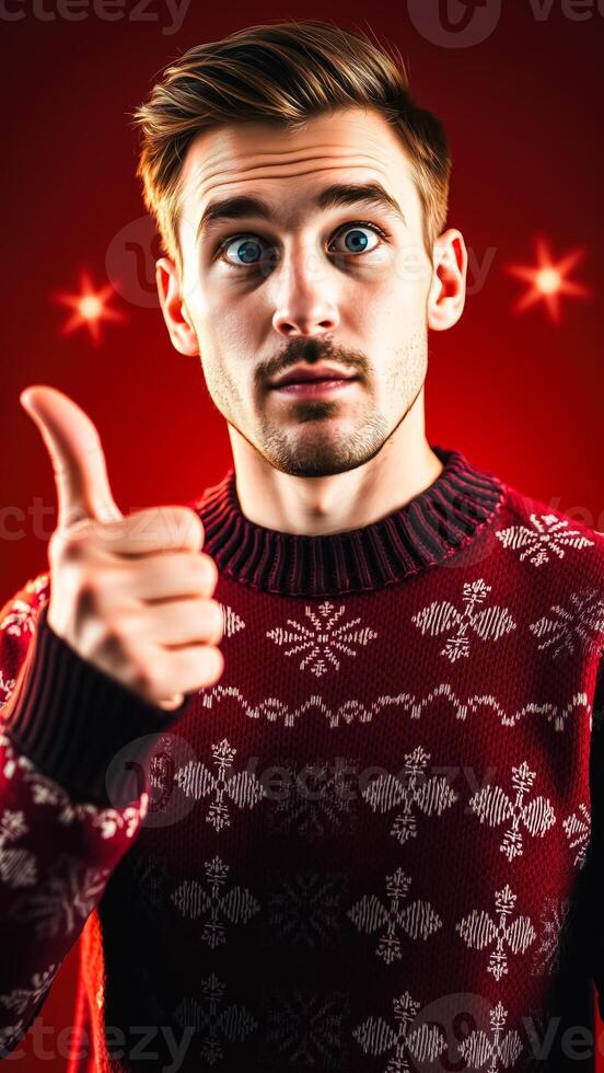 man red sweater gives a thumbs- with a surprised expression photo