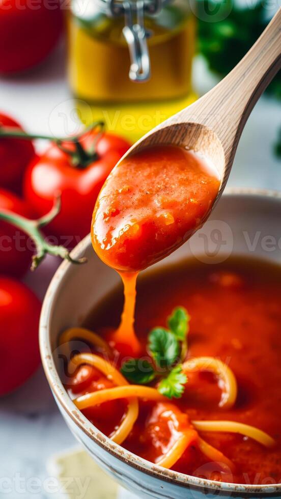 wooden spoon drizzles rich tomato sauce over pasta photo