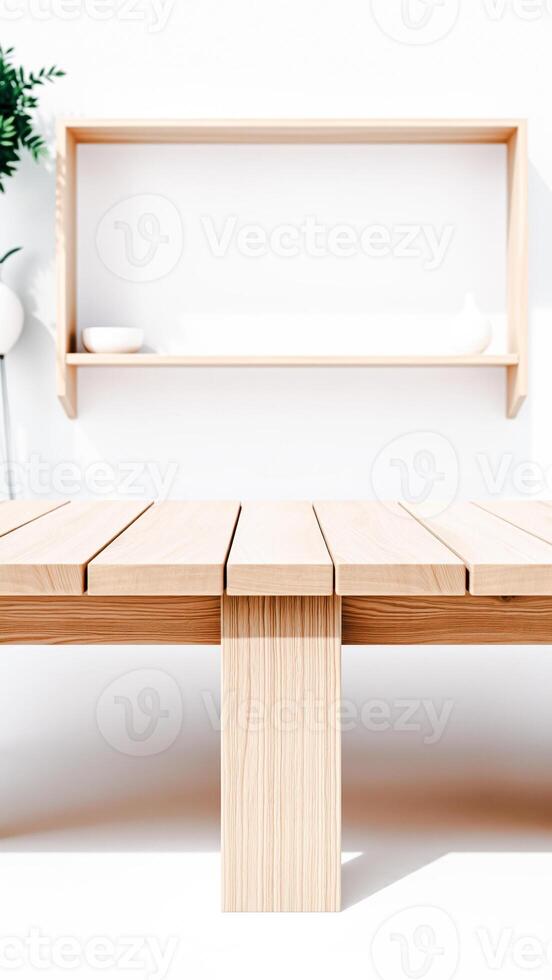 close- a light wood table with a single center support photo