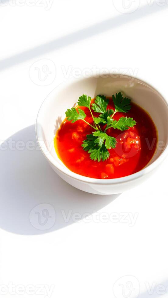 red sauce a white bowl with fresh herbs photo