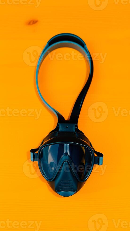 black diving mask with blue strap on surface photo