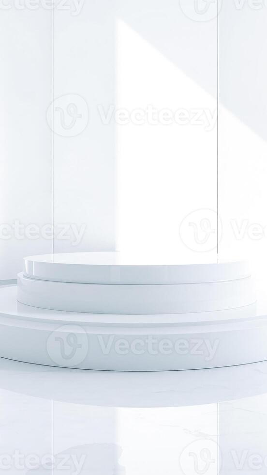 three-tiered white circular pedestal on a white surface photo