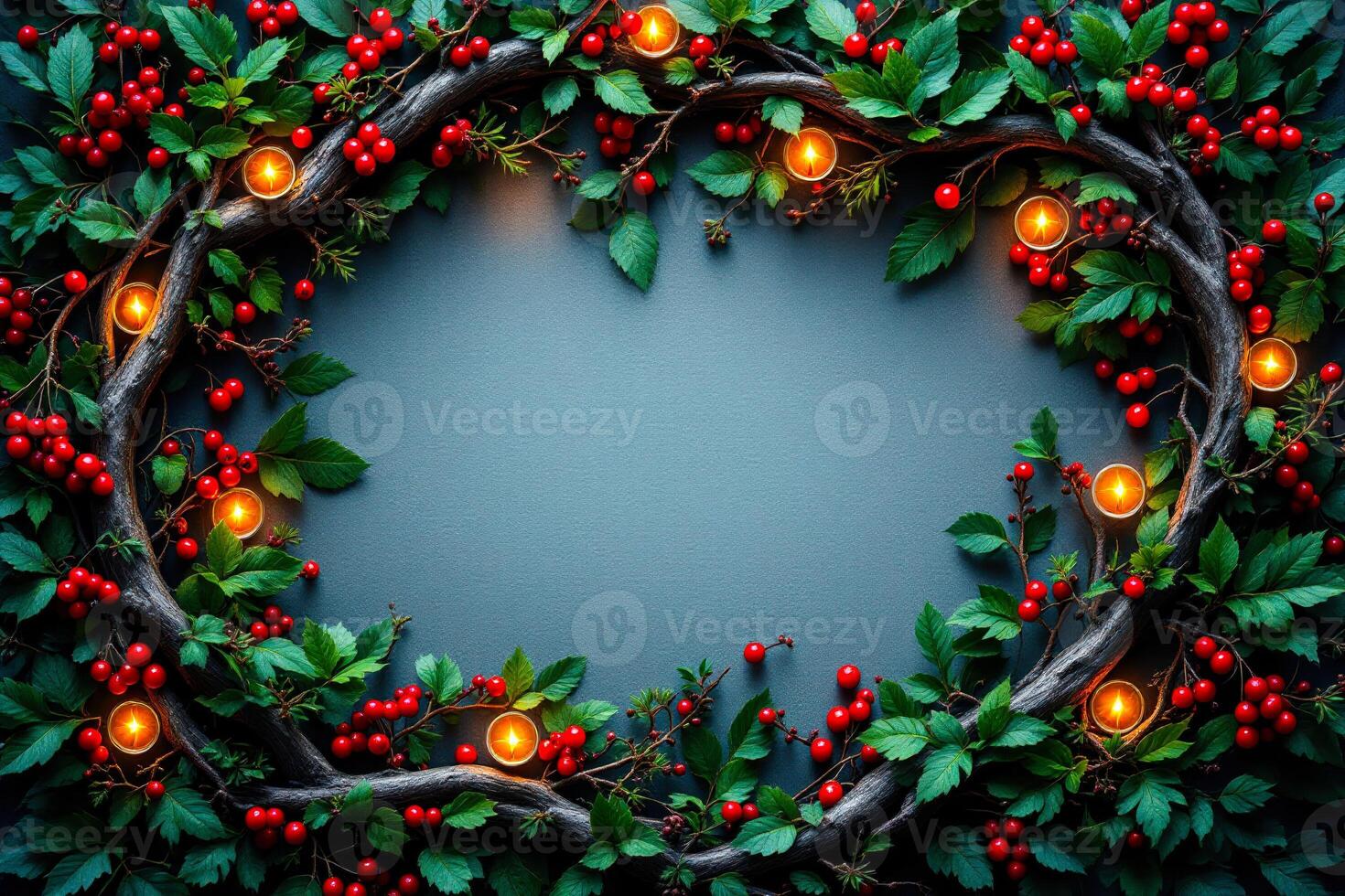 circular arrangement green leaves red berries lit candles photo