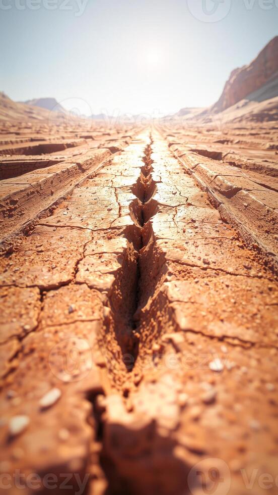 tire tracks cut through the cracked desert earth photo