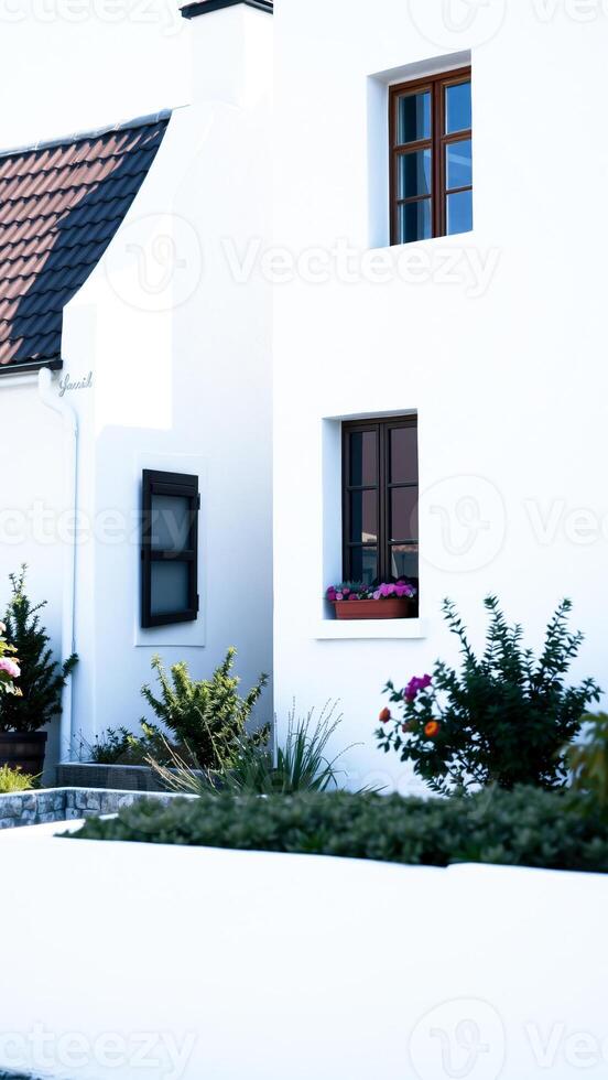 white building with a tiled roof a garden photo